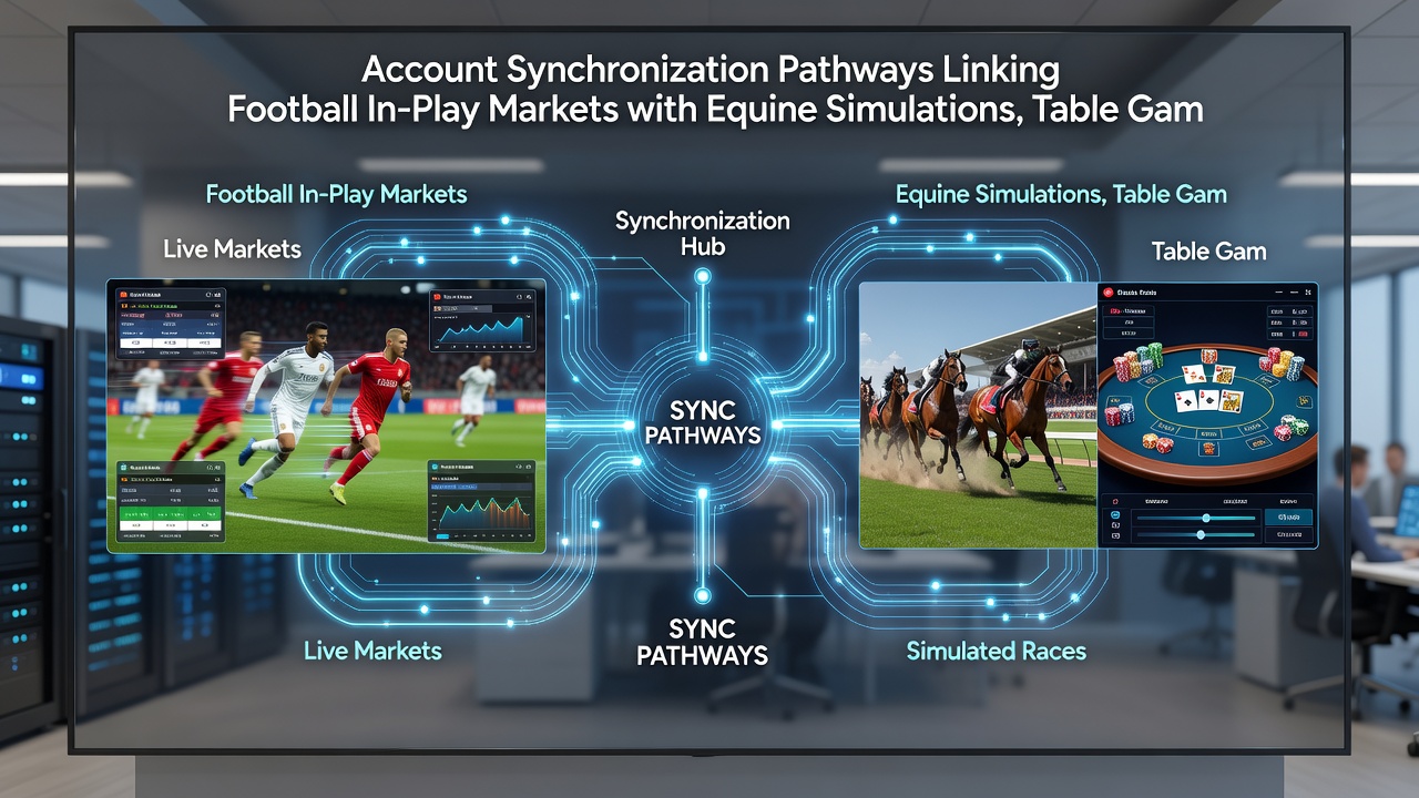 Illustration of mobile interface displaying synced rewards from football, horse simulations, and casino table games