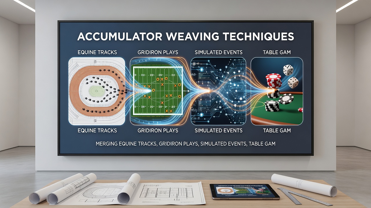Mobile interface screenshot demonstrating cross-category accumulator building with equine, gridiron, virtual, and table game options
