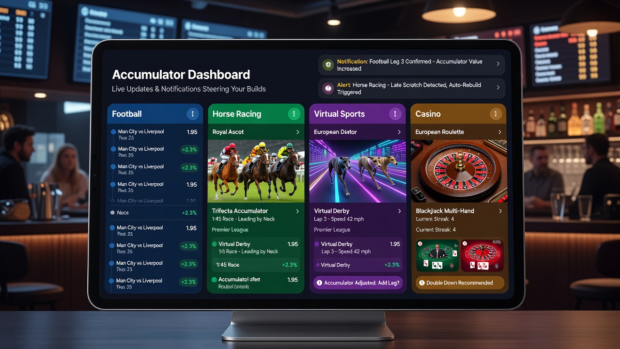 Screenshot of accumulator builder interface with notification overlay connecting live football, horse racing, virtual sports, and casino promotions