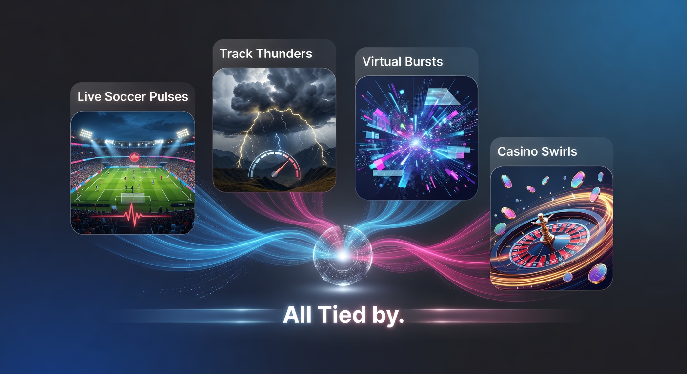Collage of betting app features showing a unified dashboard with soccer live scores, galloping horses on a virtual track, spinning casino reels, and glowing promo banners tied to a single login