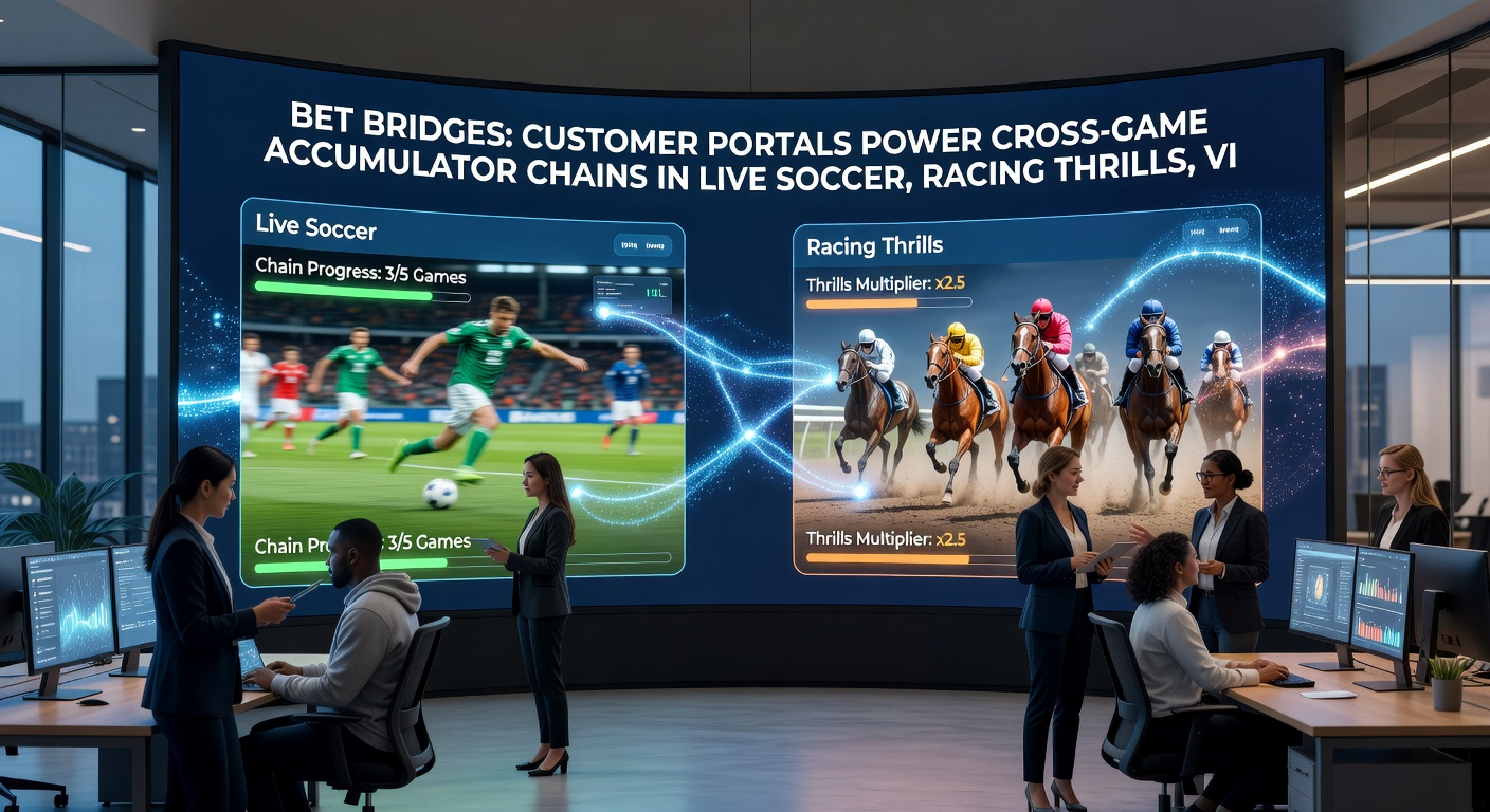 Close-up of accumulator chain builder in a portal, showing linked bets from a live soccer match, horse race, virtual sprint, casino roulette spin, and reward booster