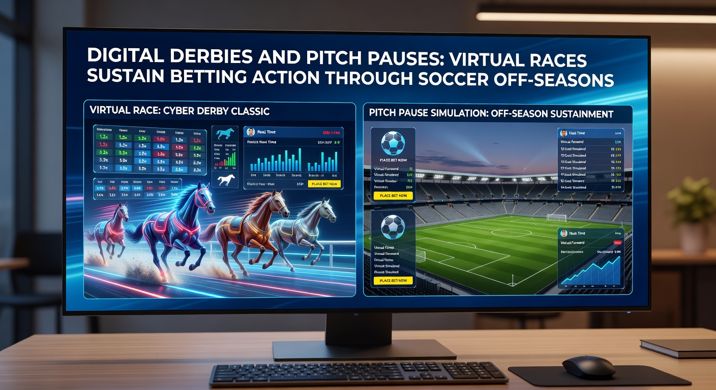 Soccer pitch in off-season quiet contrasted with vibrant virtual racing interface on a mobile betting app