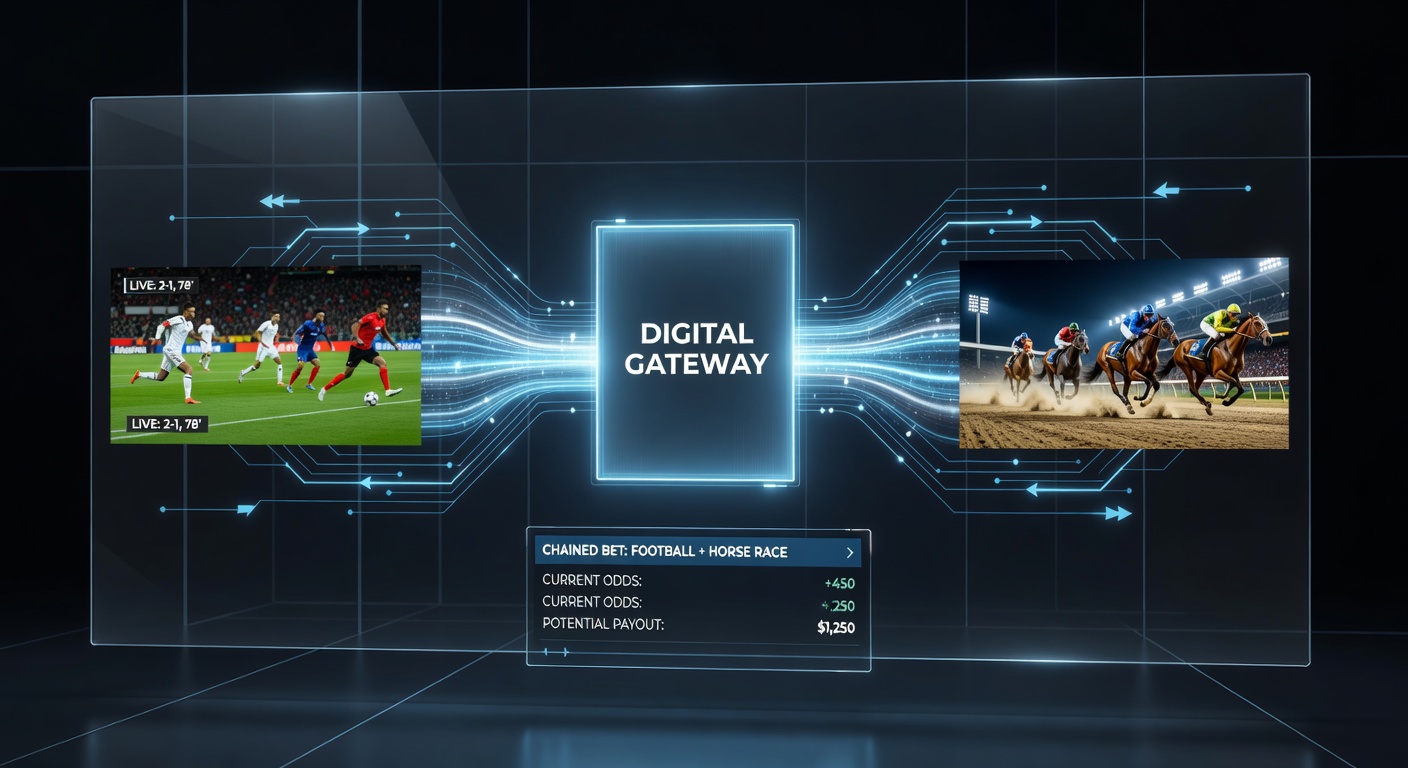 Mobile view of accumulator builder linking live football, racing, virtual events and casino options with bonus tracker