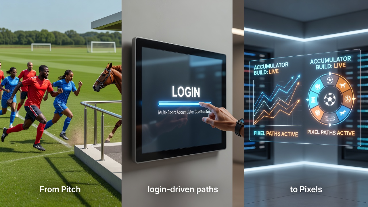 Diagram of a user interface displaying multi-category accumulator construction with football, racing, virtual sports and casino selections linked through a single login