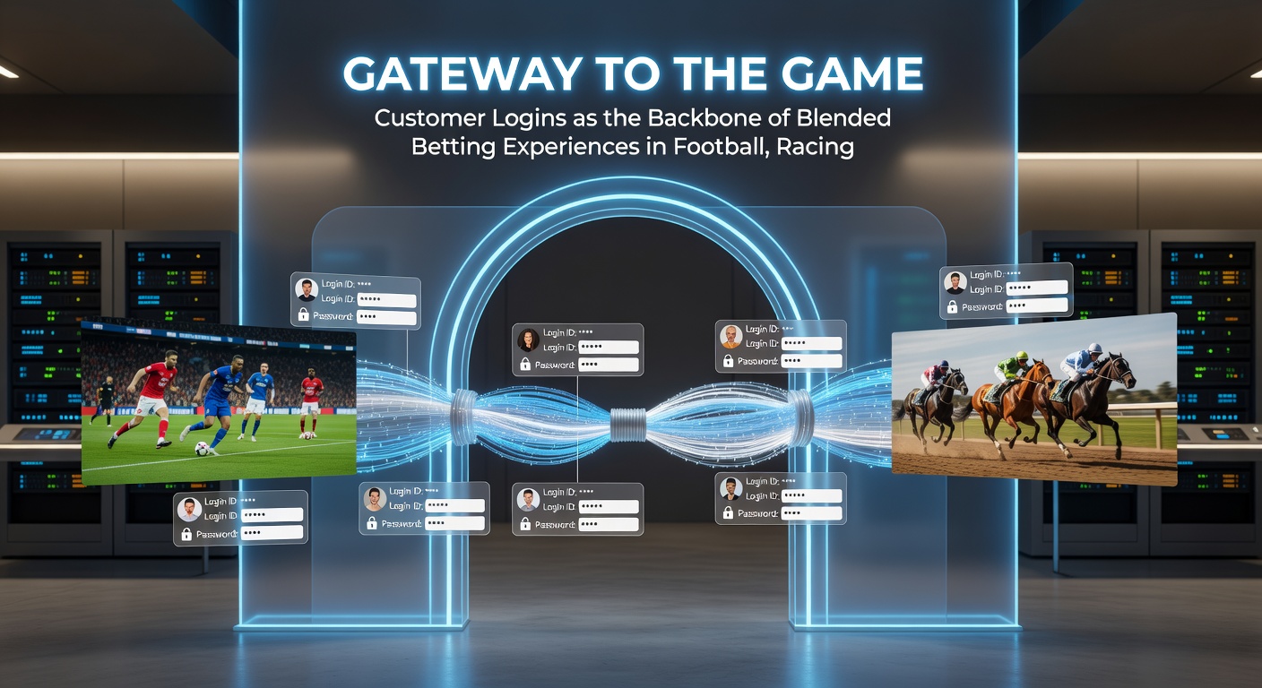 Dynamic split-screen of horse racing login dashboard transitioning to virtual arena bets, with casino and mobile perk icons visible in the unified interface