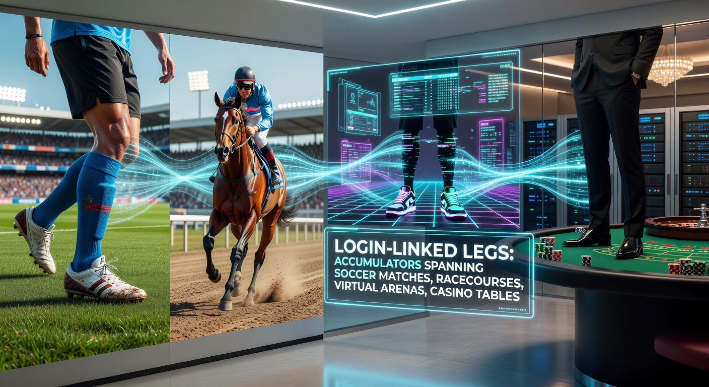 Dynamic graphic of accumulator legs connecting soccer balls, galloping horses, pixelated virtual runners, roulette wheels, and glowing bonus chips via login streams