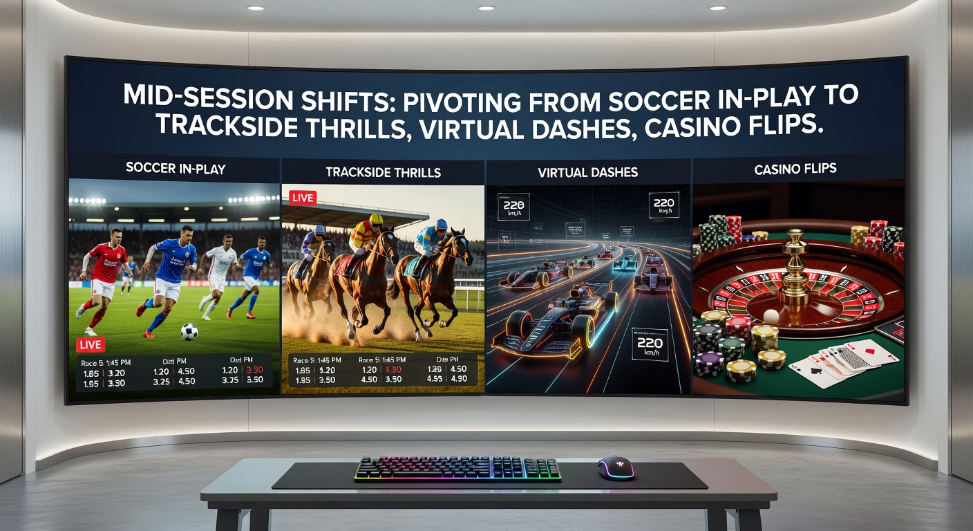 Split-screen app interface displaying virtual sprint race alongside casino roulette wheel and soccer live stats