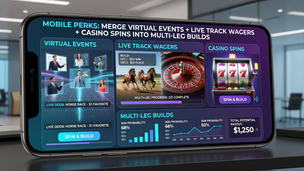 User constructing a multi-leg bet on a smartphone with virtual, live track, and casino options