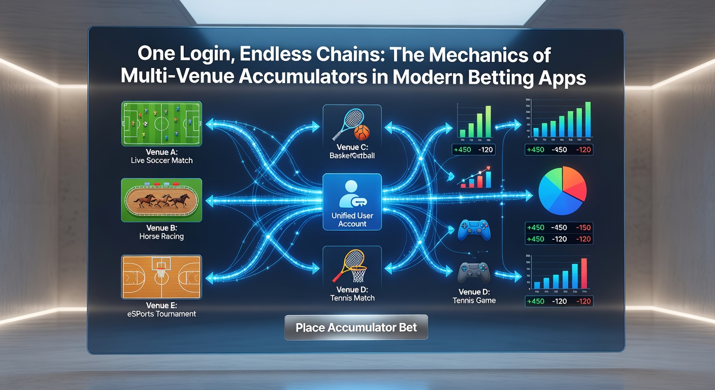 Close-up of an accumulator bet slip in a mobile app, displaying chained selections from football, horse racing, virtual sports, adn casino games with live odds updates and cashout button