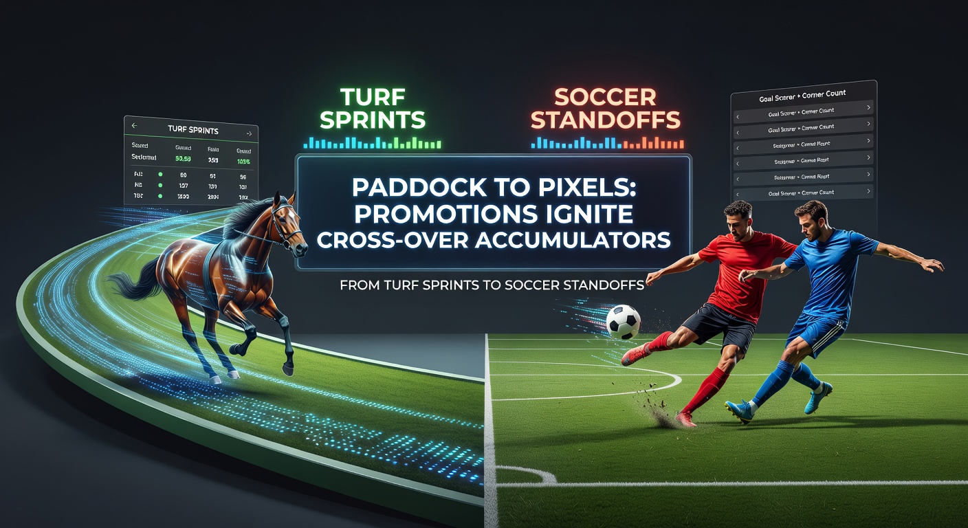 Dynamic graphic showing accumulator bet builder interface with horse sprint, soccer match, and virtual showdown legs connected by promotional boosters and odds multipliers