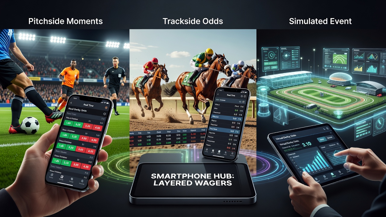 Mobile screen showing layered accumulator bet spanning soccer, racing, virtual events, and casino options