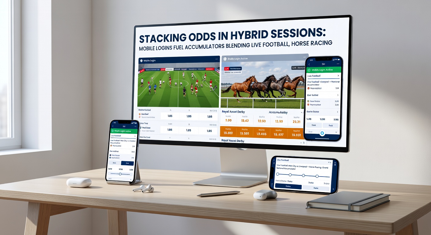 Dynamic accumulator interface on mobile showing blended legs from soccer live bets, horse racing win places, virtual event multipliers, casino round accumulators, and active incentive notifications
