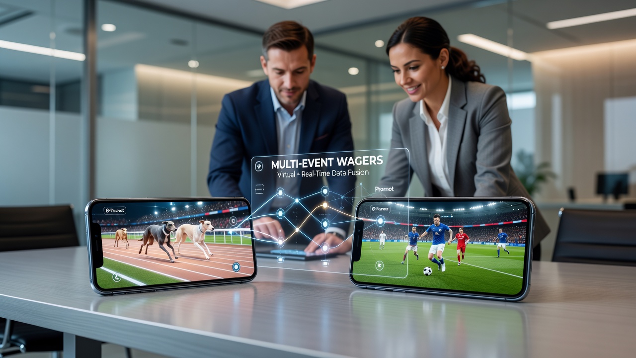 Smartphone displaying accumulator builder tool with virtual racing, soccer, and bonus indicators active